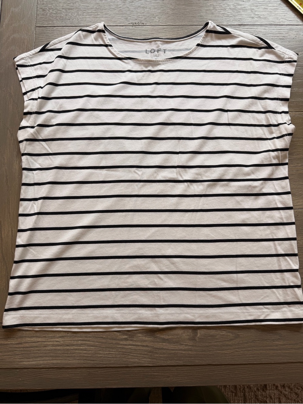 LOFT White and Black Striped Short Sleeve Tee